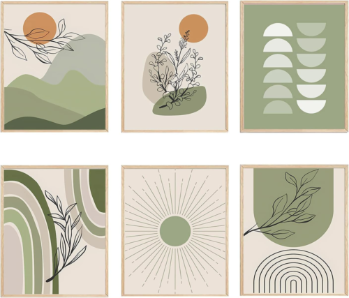 Abstract Boho Wall Art Prints Set of 6 Mid Century Modern Green Boho Decor Orang
