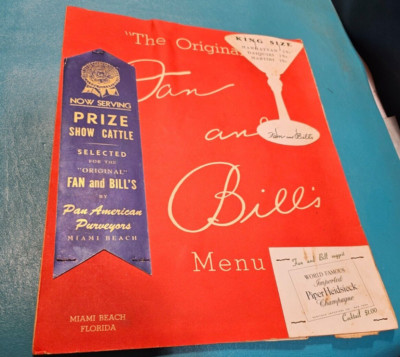 VTG MENU THE ORIGINAL FAN & BILL'S RESTAURANT MIAMI FLORIDA FL