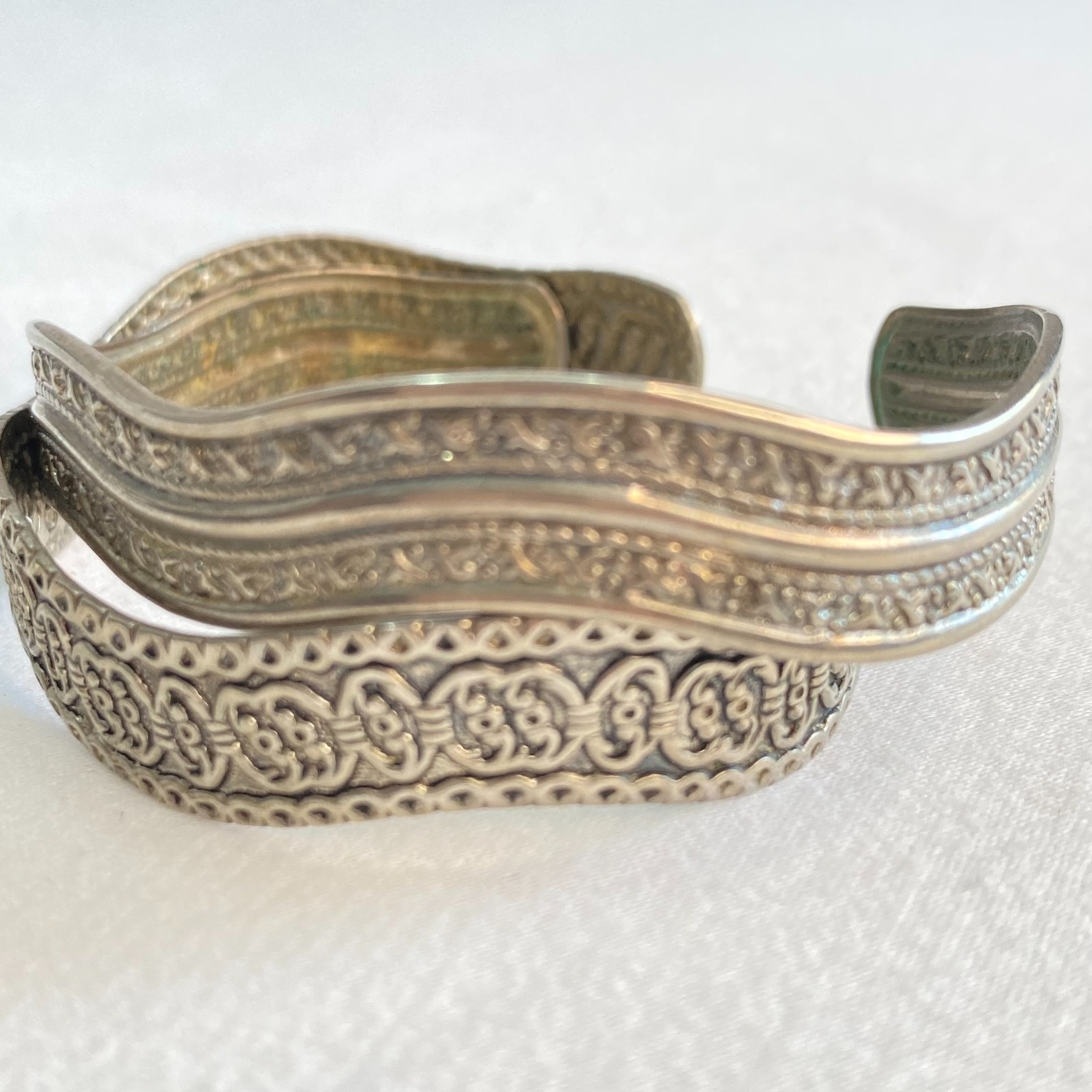Two Wavy Cuff Bracelets Tarnished Silver Tone Orn… - image 7