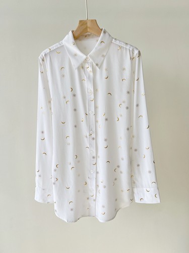 New Equipment Gilding Star Moon Print Silk Elegant Long-Sleeved Shirt Blouses - Picture 14 of 30
