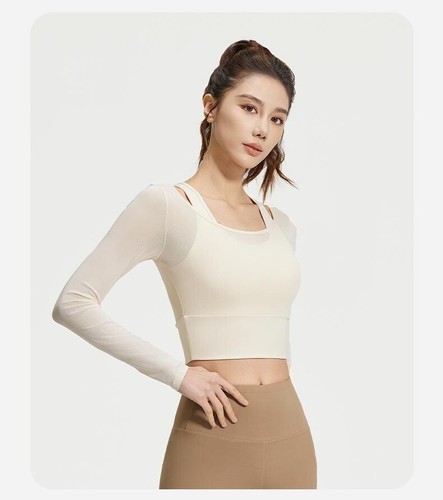 Women Mesh & Chest Pad Yoga Shirts Sportswear Training Gym Crop Tops Activewear - Picture 11 of 21