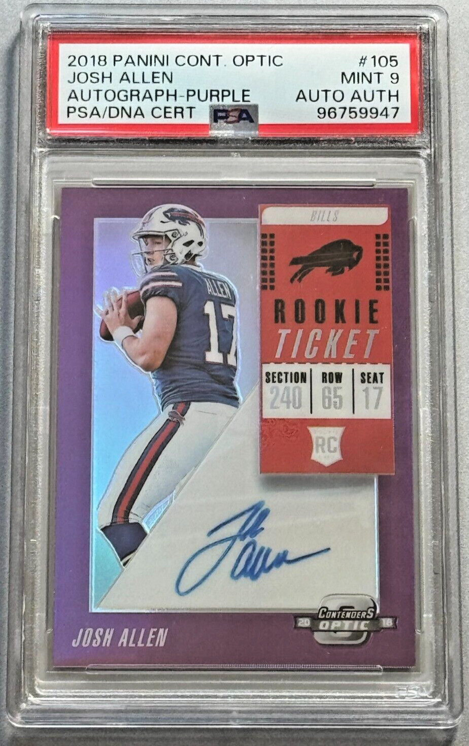 2018 Panini Contenders Optic Purple #105 Josh Allen Rookie Auto /49 PSA 9