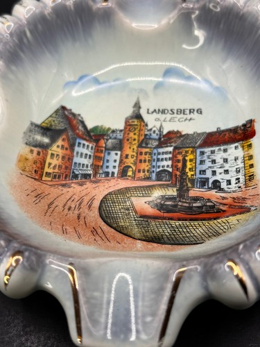 Vtg D&B Dumler & Breiden Landsberg Germany Souvenir Pottery Ashtray Blue Gold - Picture 2 of 5