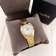Bulova Surveyor Gold/White Dial Bracelet Women 97P172 Quartz Diamonds Watch 31mm
