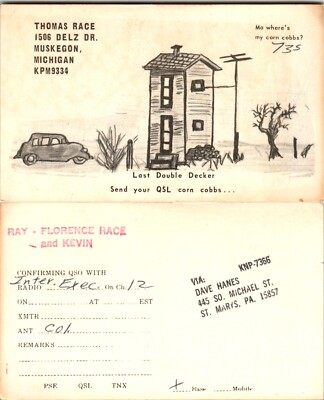 #ad Ham Radio QSL Card KPM 9334 Muskegon MI Race Last Double Decker House Corn Cobbs $7.49