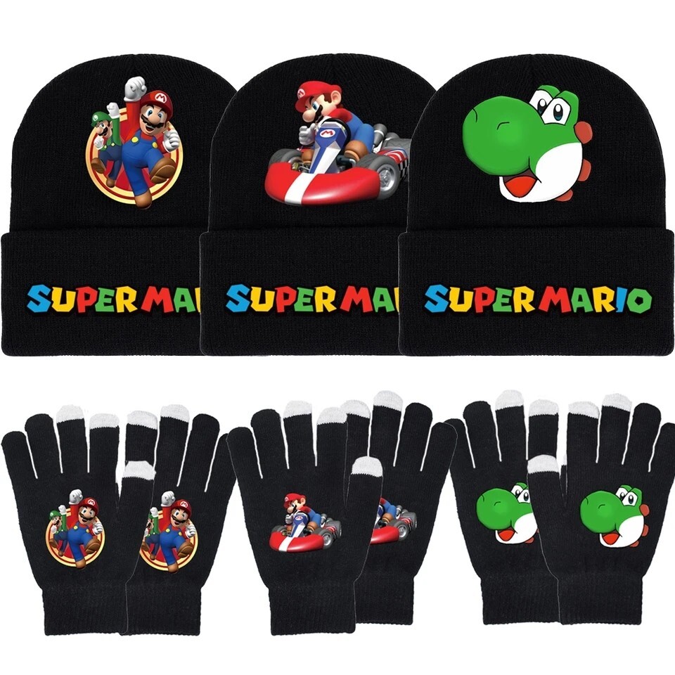 Super Mario bonnet gant ensemble hiver enfant ski luge neige bleu et vert Luigi