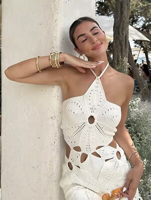 White Crochet Beach Mini Dress, Knitted Summer Halterneck Dress - Size S UK  6-8 | eBay