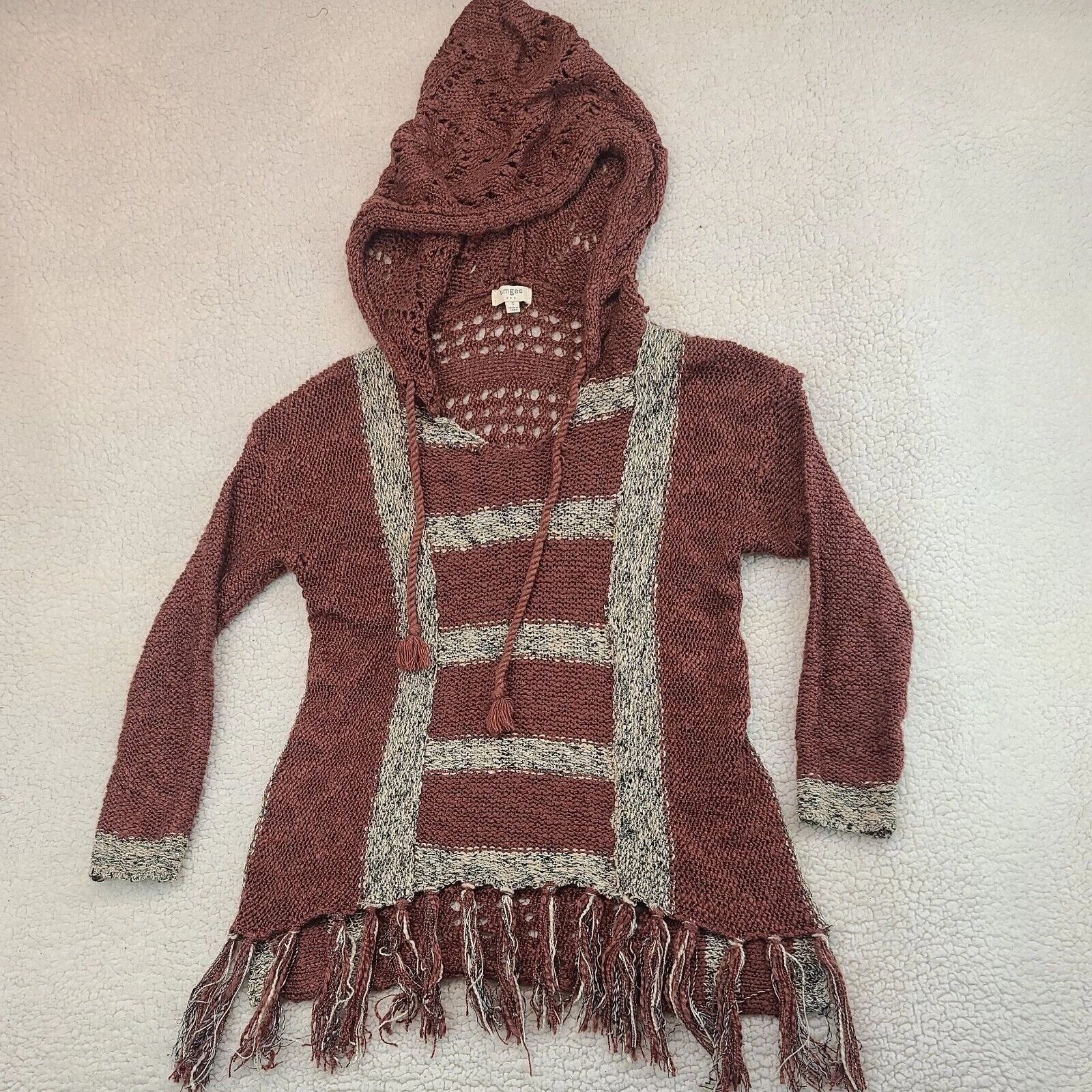 Umgee Sweater Womens Small Earth Tone Brown Striped Fringe Tassel Poncho Hooded
