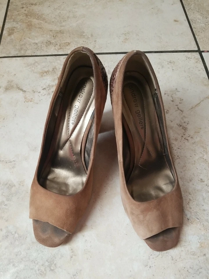 ANDREW GELLER Mujer Marrón Gamuza Tacón Damas Punta abierta Estampado Serpiente Tacones Talla 8 Foto 3 de 4