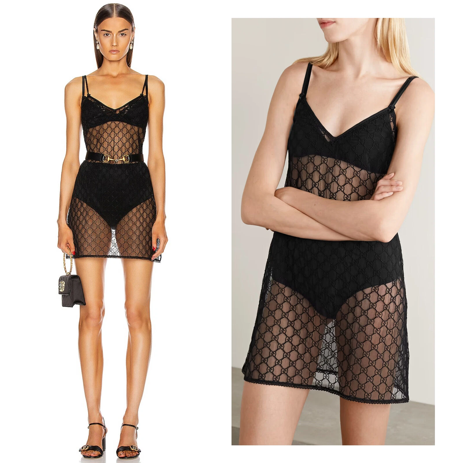 ROBE LINGERIE GUCCI NOIRE LOGO GG MAILLE BRODÉE TULLE SLIP taille M