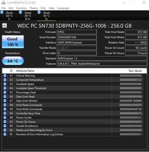 Western Digital SN730 256GB M.2 NVMe PCIe Gen 3x4 Solid State Drive 100% life - Picture 7 of 10