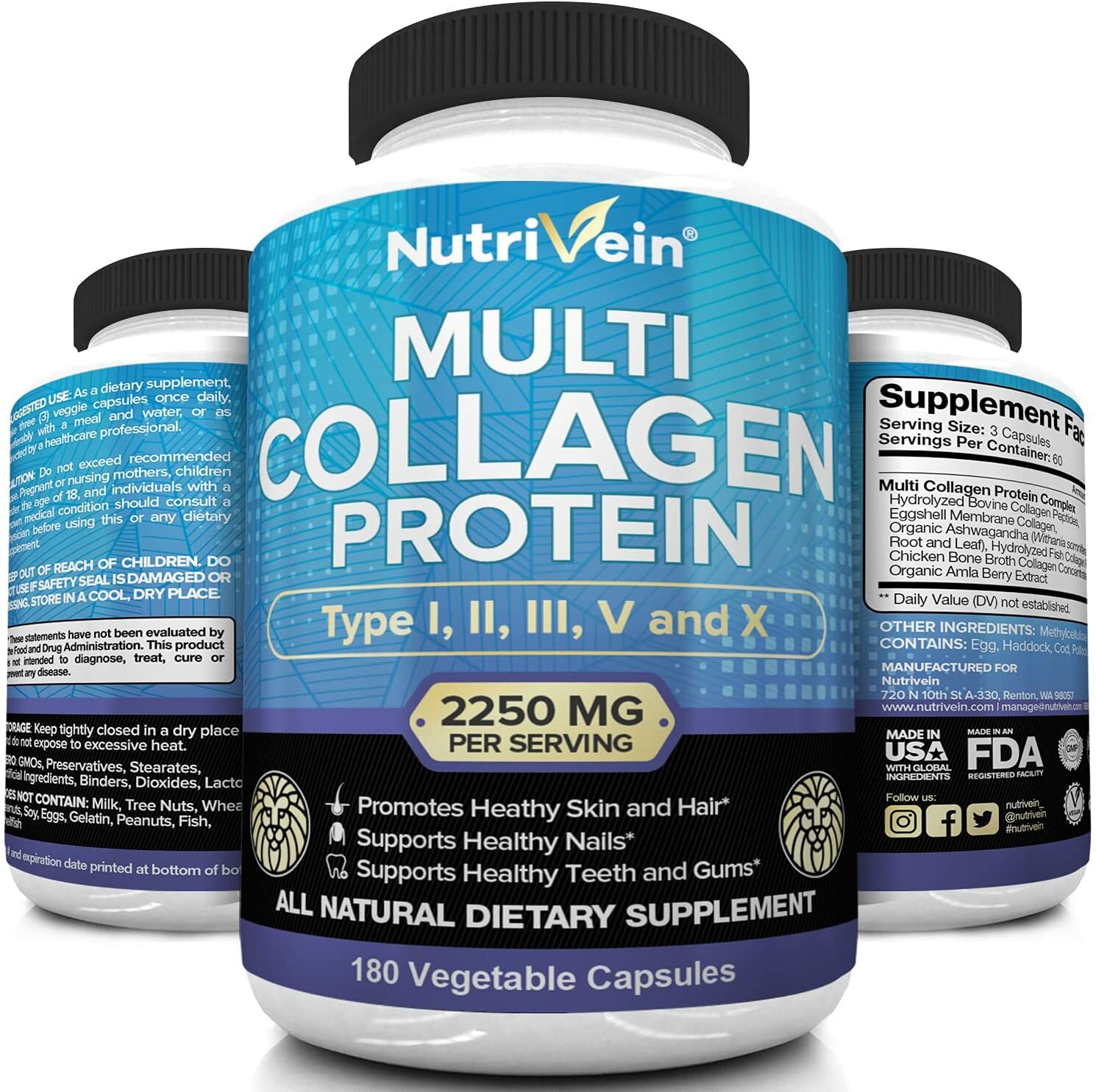 Multi Collagen Pills 2250mg - 180 Collagen Capsules - Type I, II, III, V, X - A - Picture 5 of 5
