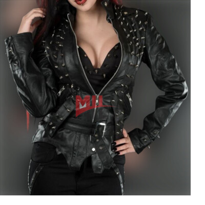 Handmade Women Black Leather Studded Jacket, Fashion Jacket In Slim Fit Design