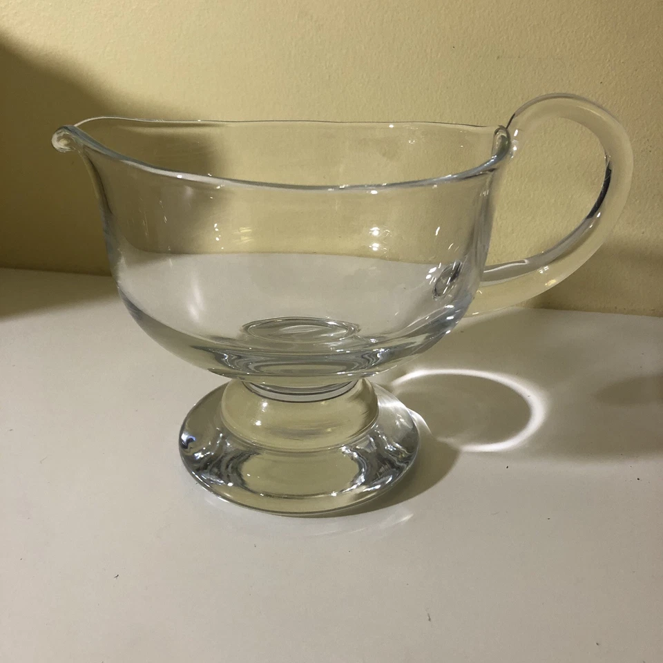 Heavy Blown Glass Clear Pedestal Sauce Pitcher Large FOOTED GRAVY BOAT - Image 3 of 4