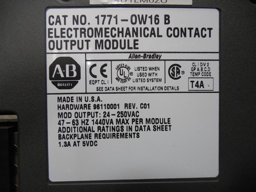 USED Allen Bradley 1771-OW16/B Electromechanical Contact Output Module Rev. C01 - Picture 3 of 3
