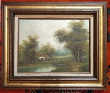 Oil Painting Signed ENDERBY 23x19 Framed cottage scene pond country image