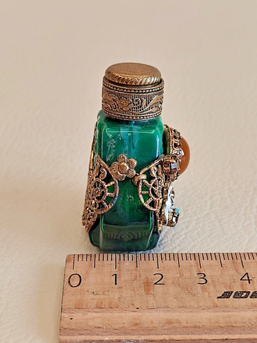 Mini Malachit Glas Parfum Flakon mit Edelsteinen Tschechoslowakei - Bild 17 von 17