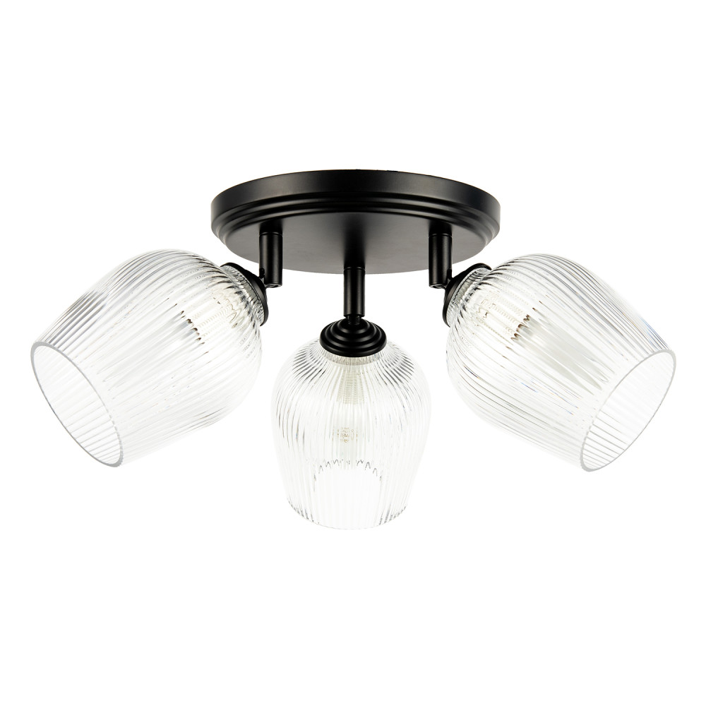 Matte Black Triple Spot Ceiling Light with Clear Ribbed Glass Shades by Happy...