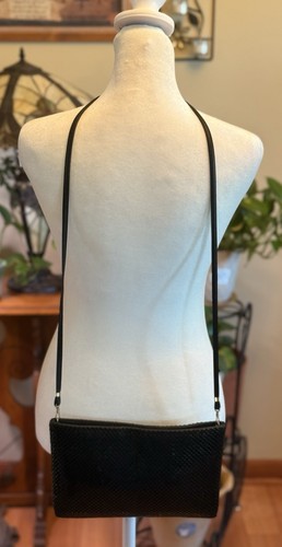 Vintage Whiting and Davis Black Metal Mesh Purse Leather Strap Gold Hardware - Picture 2 of 16