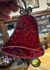 Vintage Stained Glass Bell Christmas Ornament 4.25  Red  Green Holiday