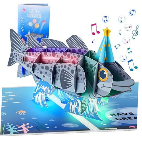 Funny Fish Themed 3D Pop Up Musical Birthday Cards For Men, Funny Greeting
