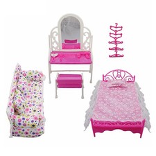 For Barbie Dolls Furniture Play House Pink Bed Table Chair Set Bedroom Toys Kits