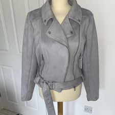 F&F Women's Suede Effect Blue/Grey Biker Jacket Size 14 VGC Zip Up