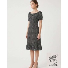 Women M Black White Polka Dot Midi Dress Ruffle Hem Puff Sleeve Zip Back