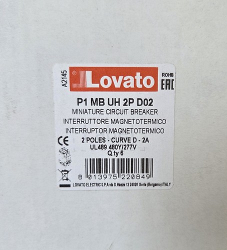 LOVATO, P1 MB UH 2P D02, P1MBUH2PD02, 2 POLE, 2A CIRCUIT BREAKER, BOX OF 6, NEW - Picture 3 of 4