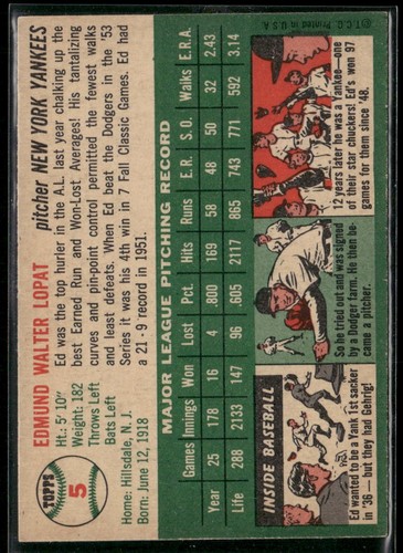 1954 Topps #5 Ed Lopat EX/EX-MT - Picture 2 of 2