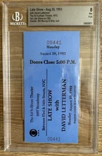 DAVID LETTERMAN DEBUT CBS “THE LATE SHOW” TICKET W/ BILL MURRAY 8/30/1993 BGS 8