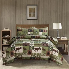 Lodge Bedding Set King Size Rustic Cabin Quilts Moose Bear Plaid Patchwork Bedsp