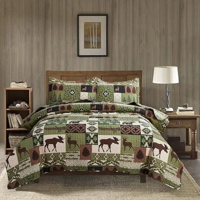 Lodge Bedding Set King Size Rustic Cabin Quilts Moose Bear Plaid Patchwork Bedsp
