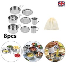 8Pcs Stainless Steel Cookware Set BBQ Camping Outdoor Hiking Cooking Fry Pan Set