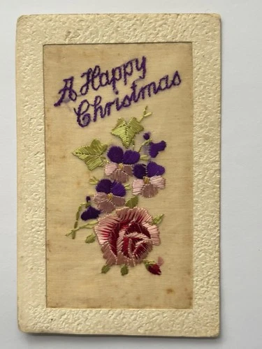 WW1 Military Silk Embroidery Postcard with Rose & Violets “A Happy Christmas”