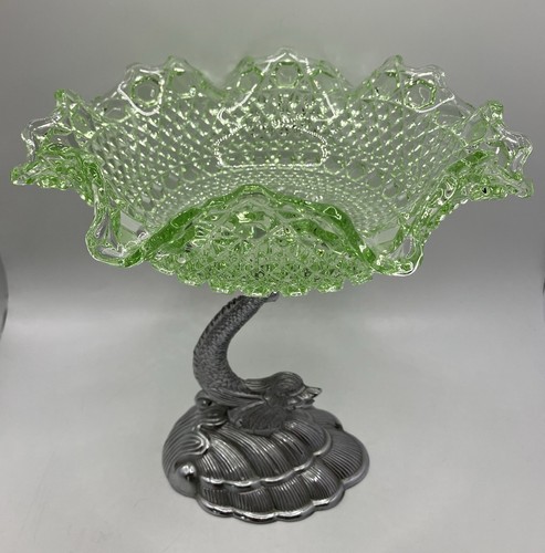 Vintage Ornate Green Glass Fruit / Sweet Bowl on Koi Fish Pedestal - Dated 1956 - Picture 8 of 23