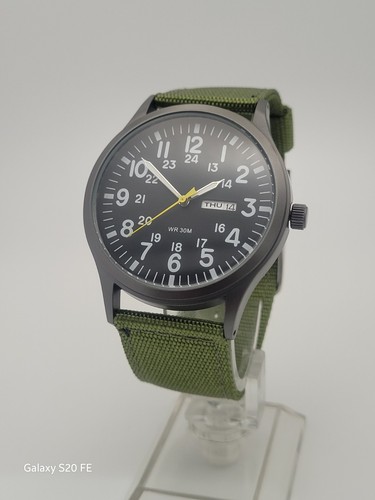 Reloj de campo piloto de 42 mm para hombre 3 ATM día fecha correa verde vidrio mineral - Imagen 7 de 10