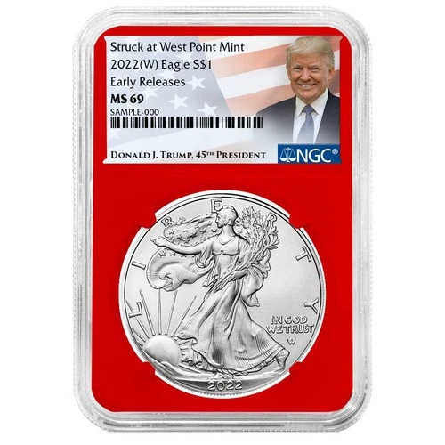 2022 (W) $1 1-oz American Silver Eagle NGC MS69 ER Trump Label Red Core