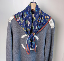 100 Mulberry Silk Blue floral Print Neckerchief Square Bandana Scarf 26'' wrap