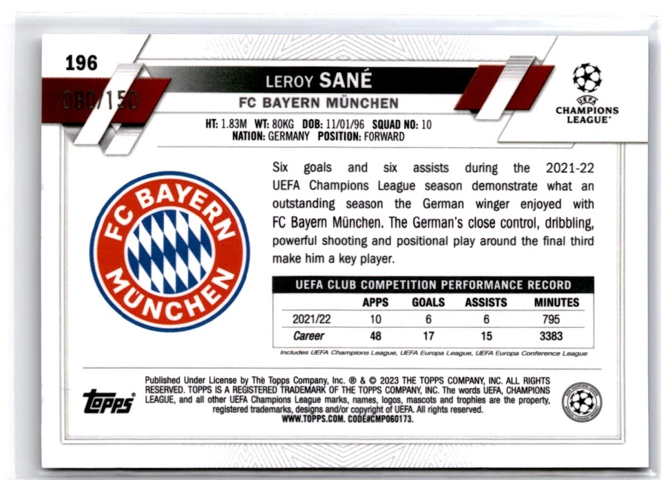 2023 Topps Chrome Club Competitions Blue Refractor Leroy Sané /150 FC Bayern - Image 2 of 2