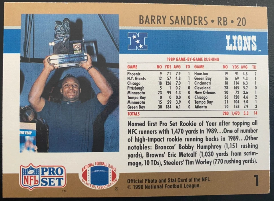 BARRY SANDERS 1990 Pro Set 1989 ROOKIE OF THE YEAR #1 HOF Detroit Lions - Image 2 of 2