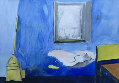 Aquarell Blick durchs Fenster ins Haus in die Küche Besen Modern Art Expressiv  - Bild 1 von 4
