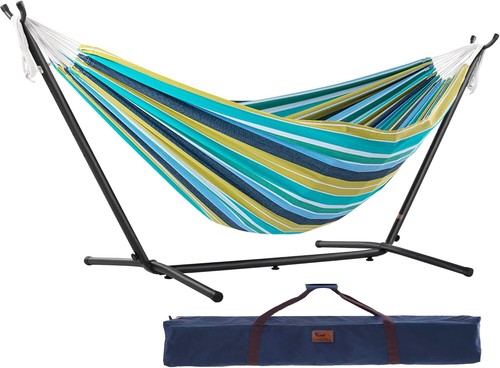 Vivere Double Cotton Hammock with Space Saving Steel Stand, Upgraded Polyester E