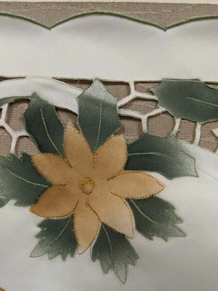 Vintage Satin Tablecloth Cut-Outs Stitched Flowers, Leave and Candles 33" x 33"  - Image 3 of 4