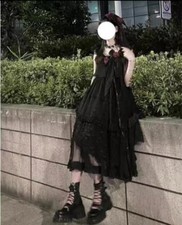 Abito donna giapponese Lolita gotico nero bretelle vestito principessa vita alta