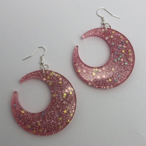 Large crescent moon earrings, Star Glitte , Acrylic Earrings - Picture 7 of 60