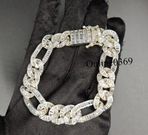 Authentic Men's White Gold Plated Figaro Chain Link Bracelet Baguette Moissanite Free Stud
