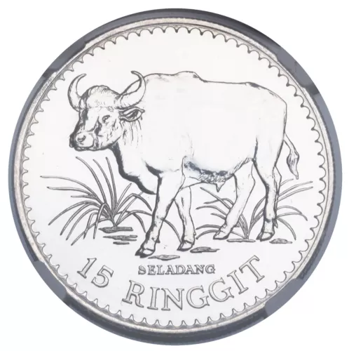 1976, Malaysia. Large Silver 15 Ringgit "Malaysian Gaur" Coin. NGC MS-66!