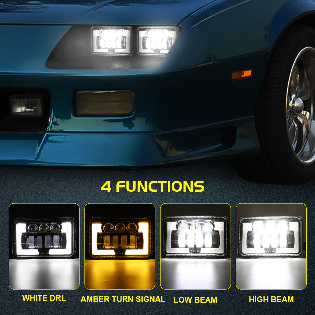 4x6 LED Headlight Kit – Hi/Lo Beam – Fits Chevy K1500 K2500 K3500 1988-1991 (4 Housing + 4 Bulbs)