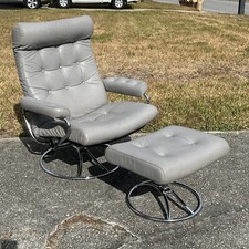 Vintage Mid Century Ekornes Stressless Recliner /Ottoman Grey Leather on Brass